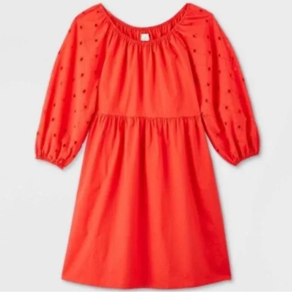 A New Day Cotton 3/4 Eyelet Balloon Sleeve Babydoll Mini Dress Empire Waistline